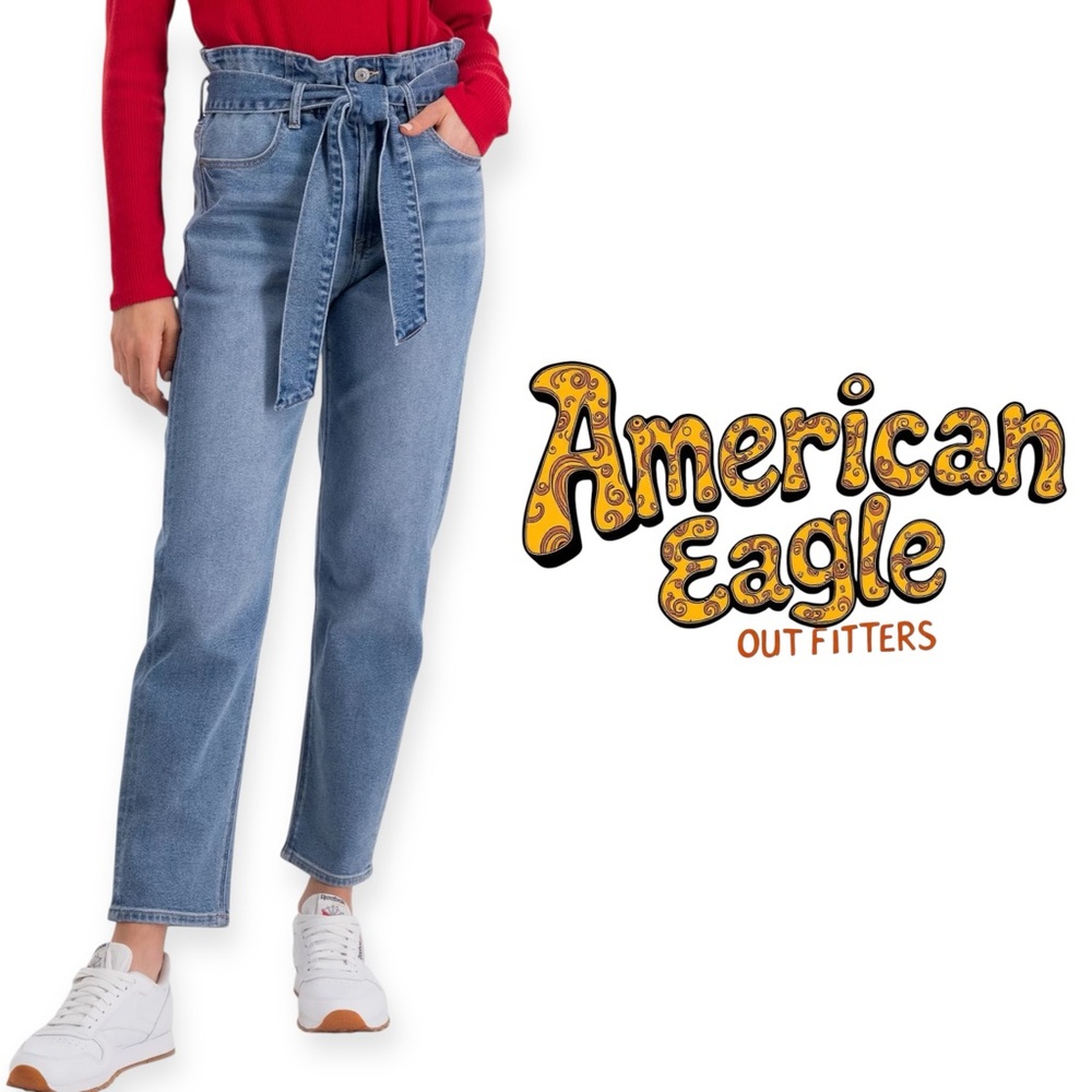 American Eagle Highest Rise Mom Jeans with a paperbag waist and tie belt Size 8 - Picture 8 of 9